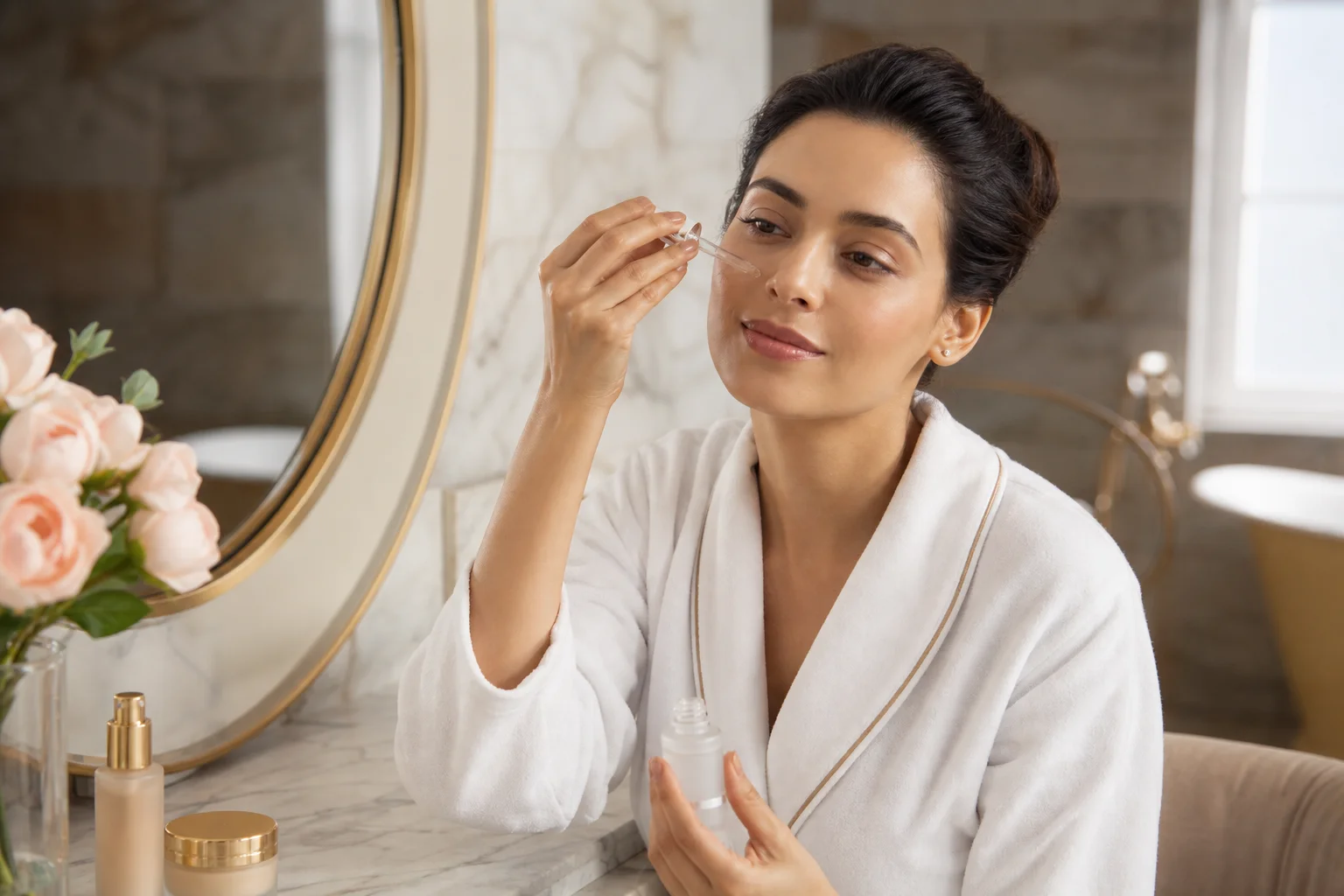 Woman using Renu Wellness Pep skincare in daily beauty ritual